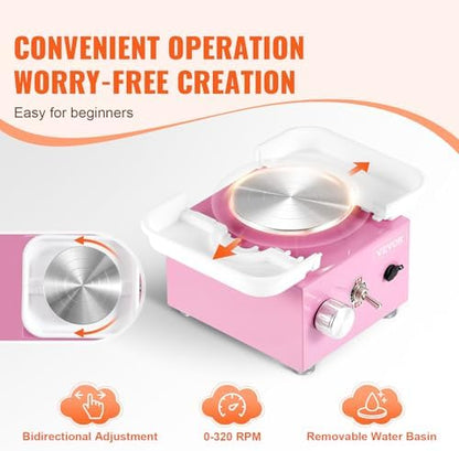 VEVOR Mini Pottery Wheel for Kids & Adults Beginners, 2 Turntables 2.6in/3.9in & Two-Way Rotation, Adjustable Speed, Complete Pottery Kit with 18 Accessories for Girls Birthday Christmas Gifts, Pink - Image 3