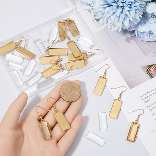 1 Box 60Pcs 20 Sets Gold Bezel Earring Blanks Earrings Wire Hooks Blanks Bezel Trays with 20Pcs 10x25mm Rectangle Glass Cabochon Settings Silicone Earring Backs for Jewelry Making DIY Dangle - Image 3