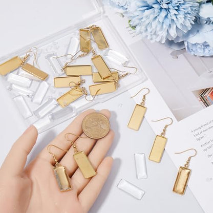 1 Box 60Pcs 20 Sets Gold Bezel Earring Blanks Earrings Wire Hooks Blanks Bezel Trays with 20Pcs 10x25mm Rectangle Glass Cabochon Settings Silicone Earring Backs for Jewelry Making DIY Dangle - Image 3