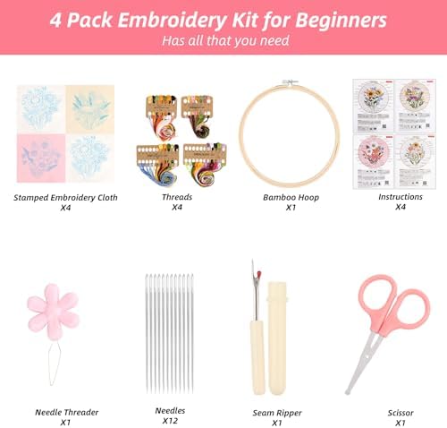 Sopoloray 4 Pack Embroidery Kit for Beginners Adults,Cross Stitch Kit with Floral Patterns,Complete Starter Set with Hoop,Pre-Printed Fabrics,Threads,Needles,Scissors,Hand Craft Lover Gift - Image 2
