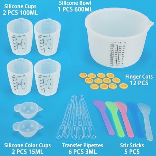 Creahaus Silicone Measuring Cups Tool Kit, Easy to Read 600ML Silicone Mixing Bowl with 100ML Resin Mixing Cup, Easy Clean Reusable Epoxy Resin Supplies with Stir Sticks, Pipettes - Image 2