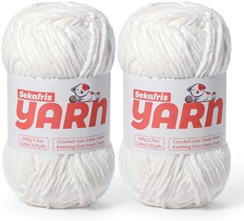 2 Pack Plush Chunky Chenille Yarn for Crocheting, Soft Fluffy Velvet Yarn for Crocheting Amigurumi, Fuzzy Baby Blanket Knitting 200g/262yds Bulky(2 Snow White) by Sekafris