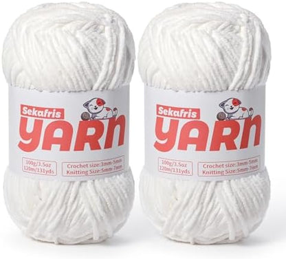 2 Pack Plush Chunky Chenille Yarn for Crocheting, Soft Fluffy Velvet Yarn for Crocheting Amigurumi, Fuzzy Baby Blanket Knitting 200g/262yds Bulky(2 Snow White) by Sekafris