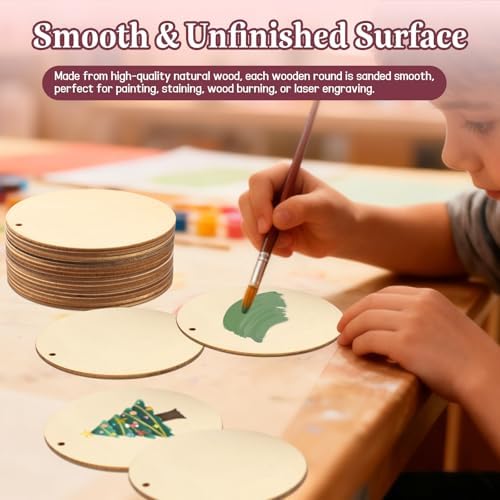 FSWCCK 50 Pcs 4in Wood Circles with Holes & Ropes, Unfinished Discs for DIY - Image 3