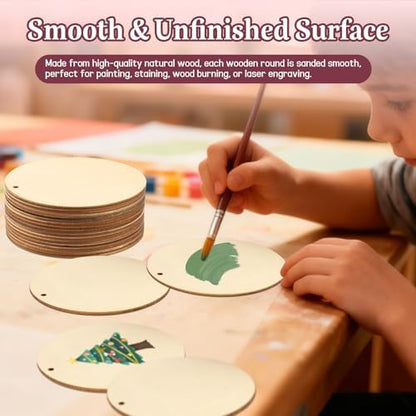 FSWCCK 50 Pcs 4in Wood Circles with Holes & Ropes, Unfinished Discs for DIY - Image 3