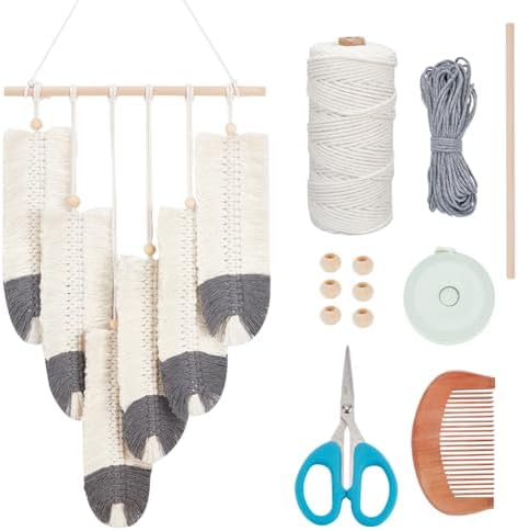 ORIGACH DIY Macrame Feather Wall Hanging Kit Boho White and Dark Gray Feather Tapestry Macrame Kit for Adults Beginner Handmade Rustic Macrame Feathers Leaf Wall Hanger Decor for Living Room Bedroom - Image 2