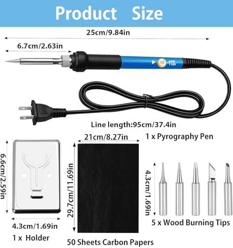 Wood Burning Kit 60W 110V Pyrography Pen Set Adjustable Temperature Soldering Iron Wood Burner with Carbon Paper Dotting Tools and Tips Stand Accessories for DIY Arts Crafting Embossing Carving - Image 4