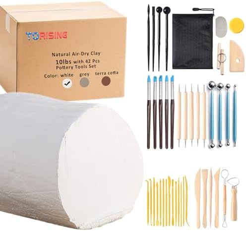 TORISING Air Dry Clay 10 LBs with 42 Pcs Set Pottery Clay Tools Set for Hand Modeling and Throwing, Non-Toxic (White & Kit) by Torising