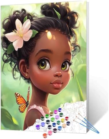 DIY Paint by Numbers for Adults Black Girl Painting Acrylic Paint DIY Digital Oil Painting Cute Little Girl Painting Kits African American Canvas Art Living Room Decor 16x20 Inch（Without Frame ） by TUMOVO