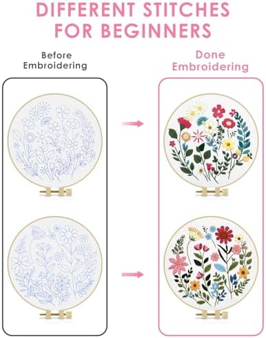 TINDTOP Embroidery Kit for Adult, Owl Embroidery Kit for Beginners Include Embroidery Cloth Hoops Threads for Craft Lover Hand Stitch with Embroidery Skill Techniques (Florals) - Image 3