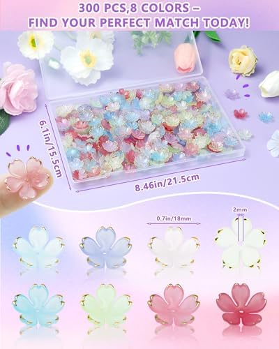 FIVEIZERO Flower Charms, 300Pcs 8 Colors Acrylic Cherry Blossom Beads - Image 2