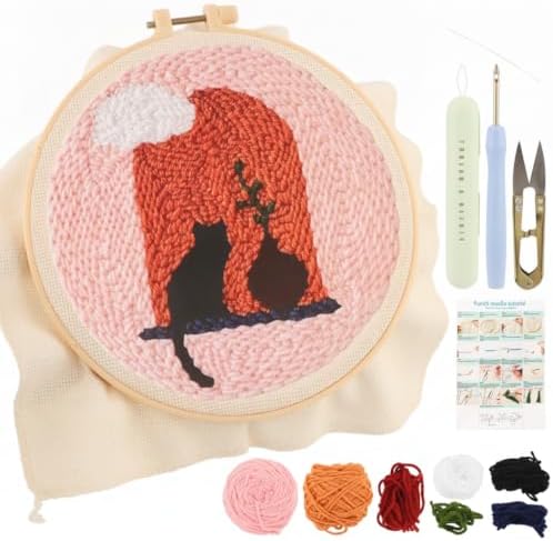 Punch Needle Kit Adults Beginner, Cute Window sill cat with Hoop Embroidery Punch Needle Starter Set, Hand DIY Embroidery Art Kits, Including Punch Needle Fabric with Pattern/Hoop/Needle/Yarns by Unknown