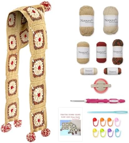Noocro Complete Crochet Kit for Pom-Pom Granny Square Scarf Hood, DIY Yarn Kit, Detailed Instructions, Step by Step Video Tutorial, Beginner-Friendly, Intermediate Crocheter Craft Set (Roma Khaki) by Noocro