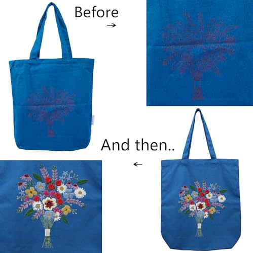CREAWONDER Canvas Tote Bag Embroidery Kit with Pattern for Beginners, Arts and DIY Embroidery Crafts Kits for Adults, Include Instructions, Thimble, Embroidery Hoops, Color Threads and Tool - Image 5