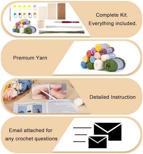 Noocro Crochet Kit Flower Bouquet, Rose, Lily Myosotis, Poppy, Tulip and Orchid with Video Tutorial and Detailed Instructions, Complete Kit Craft Supplies Holiday Gift (Flower Bouquet) - Image 4