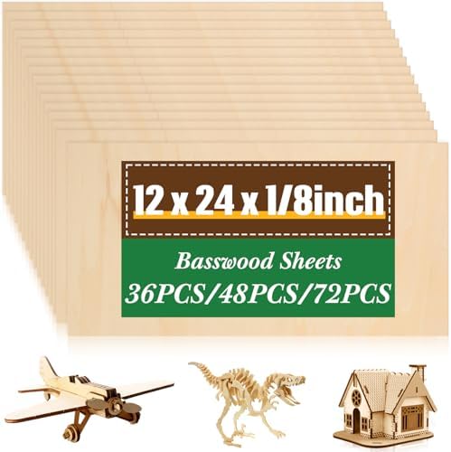 Riakrum Basswood Sheets Plywood Board Unfinished Wood Boards for Crafts for DIY Laser Projects Architectural Mini House Building Hobby Model Making(12 x 24 x 1/8 Inch,36) by Riakrum