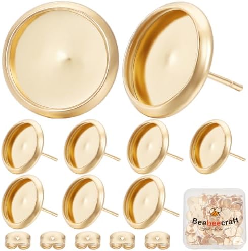 Beebeecraft 1 Box 50Pcs Earring Bezels Trays 18K Gold Plated Blanks Round Cabochon Prong Post Settings Stud Earring Findings with 12mm Tray and 50Pcs Earring Backs for Earring Jewelry Making by Beebeecraft
