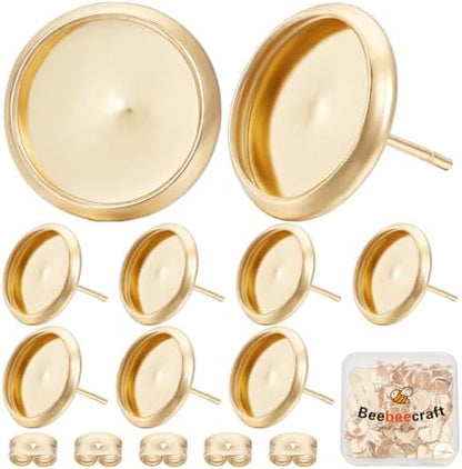 Beebeecraft 1 Box 50Pcs Earring Bezels Trays 18K Gold Plated Blanks Round Cabochon Prong Post Settings Stud Earring Findings with 12mm Tray and 50Pcs Earring Backs for Earring Jewelry Making by Beebeecraft