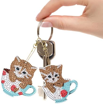 LazyFold 6Pcs Diamond Art Keychain Ornaments Kits for Adults,DIY Animals Teacup Cat Diamond Painting Keychain,Key Ring Art Pendant Tree Decor Gift（Single-Sided） - Image 3