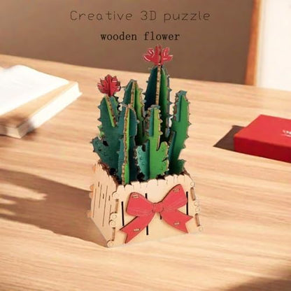 3D Wooden Flower Puzzle Kit for Adults | DIY Botanical Bouquet Building Set with Adjustable Vase | Home Decor & Stress Relief Gift-Cactus (50PCS) - Image 3