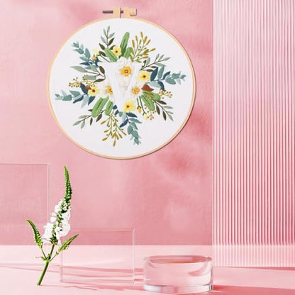 IUHUI Embroidery Kit for Beginners Adults - 26 Floral Letters Easy Patterns, DIY Hand Stitching Embroidery Set with Hoop (Flower and Grass Letter V) - Image 3