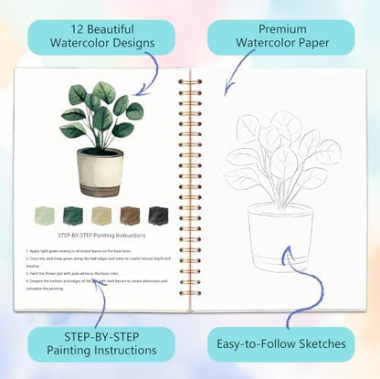 Easy Watercolor Workbook for Beginners - 12 Beautiful Step-by-Step Paintings Water Coloring Book, Includes 18 Colors Paints, Relaxing Art Projects and Creative Gift for Adults & Teen (Plants) - Image 3