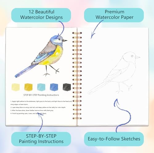 Easy Watercolor Workbook for Beginners - 12 Beautiful Step-by-Step Paintings Water Coloring Book, Includes 16 Colors Paints, Relaxing Art Projects and Creative Gift for Adults & Teen (Birds) - Image 3