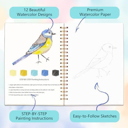 Easy Watercolor Workbook for Beginners - 12 Beautiful Step-by-Step Paintings Water Coloring Book, Includes 16 Colors Paints, Relaxing Art Projects and Creative Gift for Adults & Teen (Birds) - Image 3