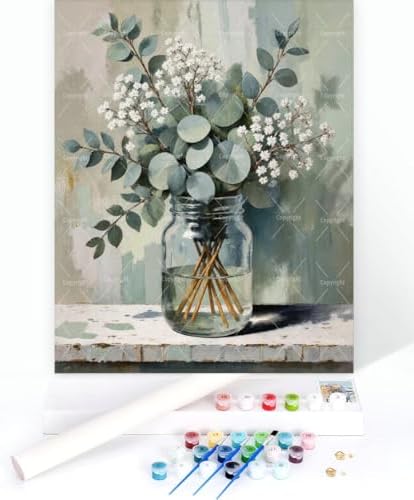 Still Life Paint By Numbers Kit For Adults - Diy Eucalyptus Bouquet In Jar Painting On Canvas 16X20 Inches, Acrylic Paint Set, Suitable For Beginners, Wall Art For Home Decor And Gifts, Unframed - Image 3