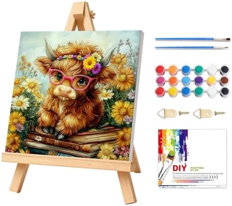 Highland Cow Paint by Numbers Kit for Adults with Frame & Easel 8x8inch by PHANTASYART