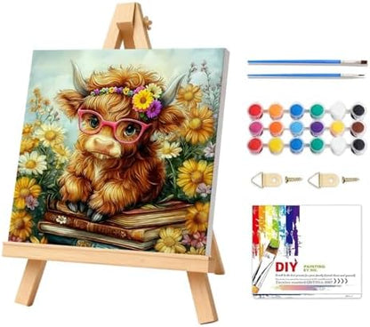 Highland Cow Paint by Numbers Kit for Adults with Frame & Easel 8x8inch by PHANTASYART