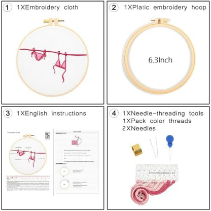 Crafmanoe Easy Hand Embroidery Kits for Adults Beginners, Embroidery Starters Kits, Pink Bikini Stamped Cross Stitch Kits Needlepoint Kits for Beginners Adults, Embroidery Hoop, Thread, Video Tutorial - Image 7