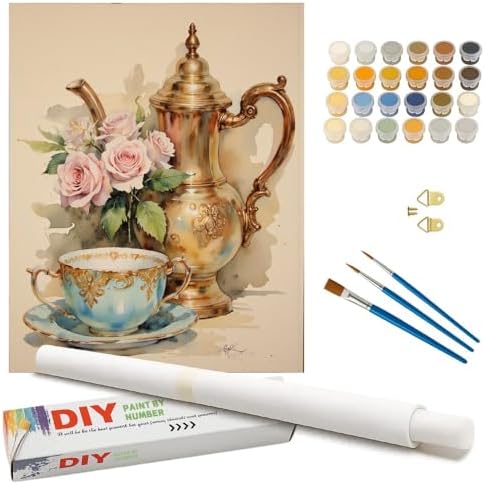 Tea Time Roses Paint by Numbers Kit for Adults - DIY Teapot and Cup Painting on Rolled Canvas 16x20 Inches, Acrylic Paint Set, for Beginners, Ideal for Home Decor or Gifts by Unknown