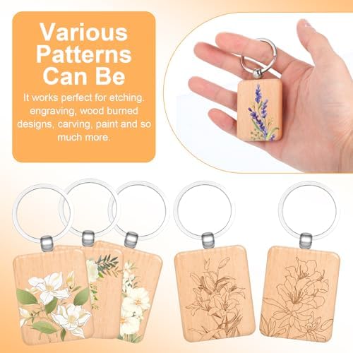 MAQUITA 100 Pcs Wooden Keychain Blanks Wood Key Chains Bulk Laser Engraving Rectangle Keychain Blanks Unfinished Wooden Key Ring Tag for DIY Gift Crafts - Image 5