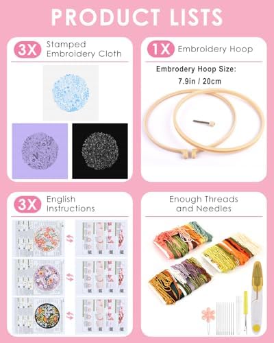 TINDTOP Embroidery Kit for Adult, 3 Pack Embroidery DIY Starter Kit, with Stamped Patterns, Hoop, Tools, Colorful Threads with Needles, Instructions (Bouquet) - Image 2