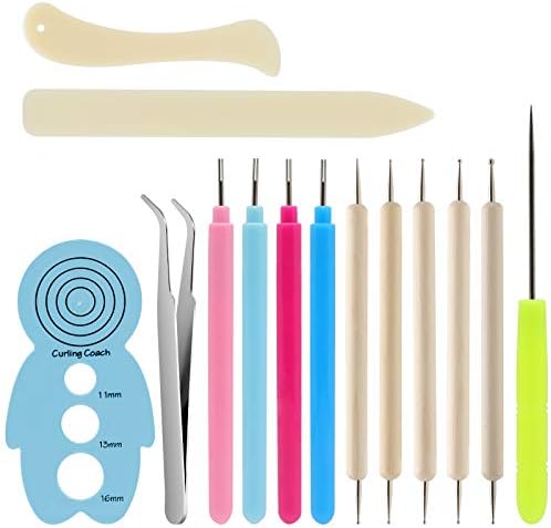KITANIS 14Pcs Paper Quilling Tool and Supplies, Include 5Pcs Double Head Indentation Pens, 4Pcs Slotted Pens, 2Pcs Bone Folder Tools, Awl, Tweezer and Curling Coach for Card Making, Bookbinding by KITANIS
