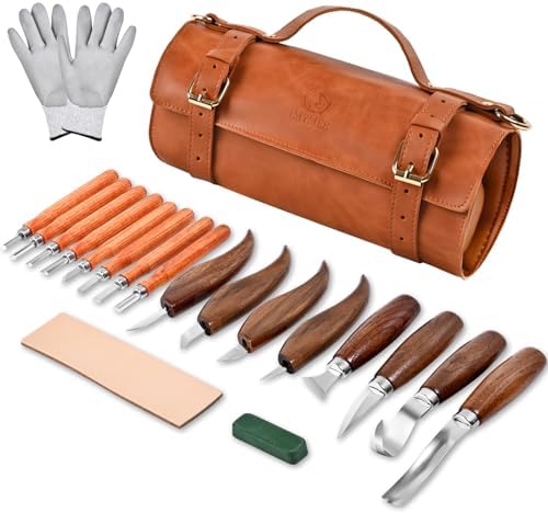 IMYMEE Deluxe Wood Carving Kit - 21Pcs Wood Carving Tools with Leather Storage Bag,Wood Carving Tools Set with 8Pcs Whittling Knives, 8Pcs Detail Carving Knives,Wood Whittling Kit for Beginners by IMYMEE
