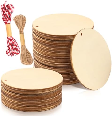FSWCCK 50 Pcs 4in Wood Circles with Holes & Ropes, Unfinished Discs for DIY by FSWCCK