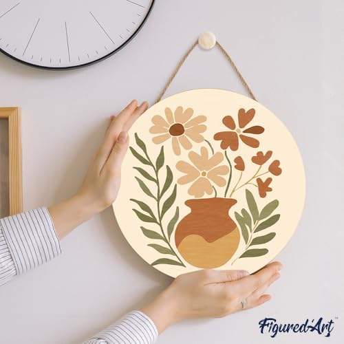 Figured'Art Paint by Numbers Kit for Adults on Wood Slice, 11.8in Diameter - Pot of Flowers - Craft Art Painting DIY Canvas - Image 3