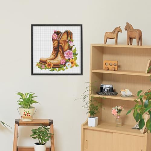 FREEBLOSS DIY Cross Stitch Wall Hanging Kit Boots Full of Flowers Stamped Cross Stitch Wall Painting Retro Style Cross Stitch Home Wall Art Cross Stitch Starter Kit for Beginners with Instruction - Image 6