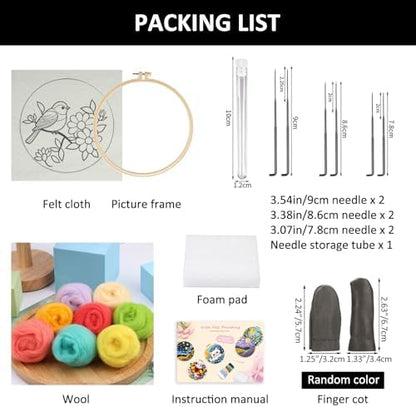 Zovylks Needle Felting Kit for Adults, 7.9 Inch Wool Felt Painting DIY Craft Set for Beginners, Needle Felt Starter Kit with Picture Frame, Foam Pad, Finger Cot (Pink Flower Blue Bird) - Image 3