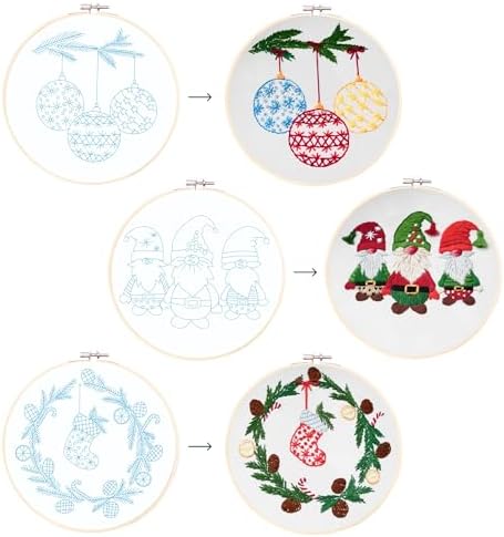 Looples Embroidery Kit for Beginners and Adults with Video Tutorials – DIY Starter Kit with 3 Stamped Floral Patterns, Hoops, Threads, Needles, and Instructions (Gnomes, Ornaments & Holiday Wreath) - Image 3