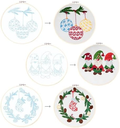 Looples Embroidery Kit for Beginners and Adults with Video Tutorials – DIY Starter Kit with 3 Stamped Floral Patterns, Hoops, Threads, Needles, and Instructions (Gnomes, Ornaments & Holiday Wreath) - Image 3