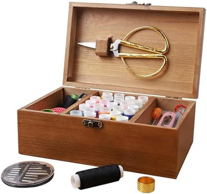 Classic Wooden Sewing Kit for Beginners, Sewing Tools with Scissors, Thread Spools, Needles, Buttons, Ideal for Adults, Handy for Travel by Chewtoyo