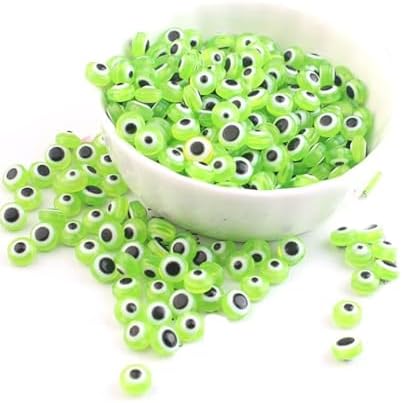 200pcs Flat Round Evil Eye Beads Handmade Resin Lampwork Bead 8mm Charms Spacer Beads with Elastic Rope for Bracelets Necklace Jewelry Craft Making (Grass Green) by LUBINGSHINE