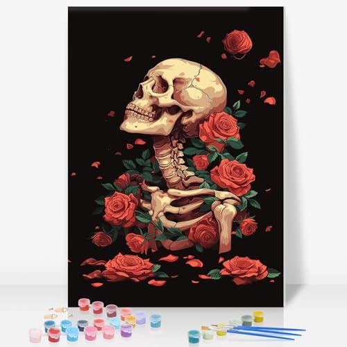 Framed Paint by Numbers Kit for Adults, Skeleton & Red Roses, 8 x 12 Inch by GEEHEIY