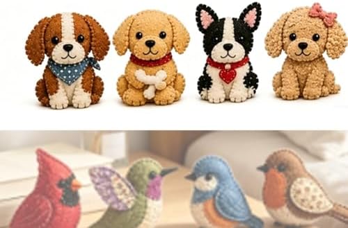 DIY Fabric Animal Craft Kit – Creative Handmade Art, Stitch Your Own Whimsical World Patchwork Sewing Set 3D Cute for Making Ornament Adults Beginners, Gift Holidays Keychain(Puppy Friends) by Unknown