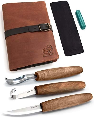 BeaverCraft Wood Spoon Carving Tools Kit S14x Deluxe - Whittling Tools Set Includes Sloyd Wood Carving Knife, Hook Knife, Gouge, Leather Roll-Up Case & Leather strop with Polishing Compound by BeaverCraft
