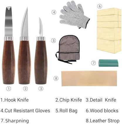 Cor cordium Wood Whittling Kit with Basswood Blocks Sets for Adults and Beginners,Carving Set Includes 3pcs Widdling Knife & 8pcs Blocks & Gloves,Gifts for Christmas,Fathers Day,Mothers Day - Image 2