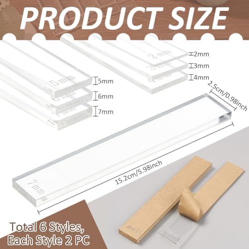 BENECREAT 12Pcs 6 Size Acrylic Polymer Clay Depth Guide Set, 2,3,4,5,6,7mmAdjustable Clay Rolling Pin Guide with Protective Film for Polymer Earrings, Roller Depth Guides - Image 2